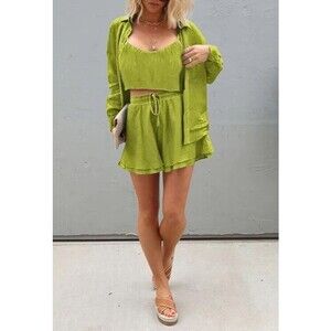 Women's 3 Piece Outfits Long Sleeve Button Down Shirt Shorts cami Set Loungewear